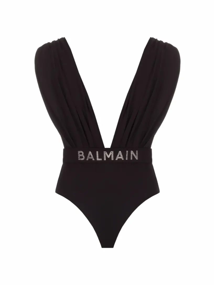 

Слитный купальник со стразами Balmain, черный