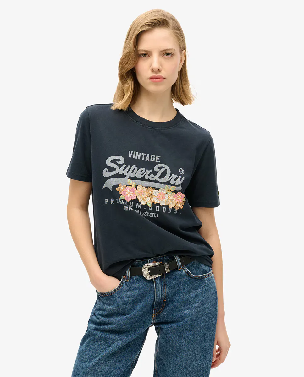 

Женская футболка с цветочным принтом и логотипом Vintage Premium Superdry, тёмно-синий