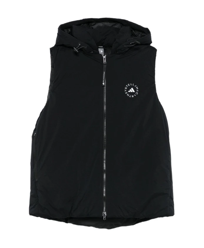 

Черный пуловер на молнии с капюшоном, без рукавов, с логотипом. Adidas By Stella Mccartney, черный