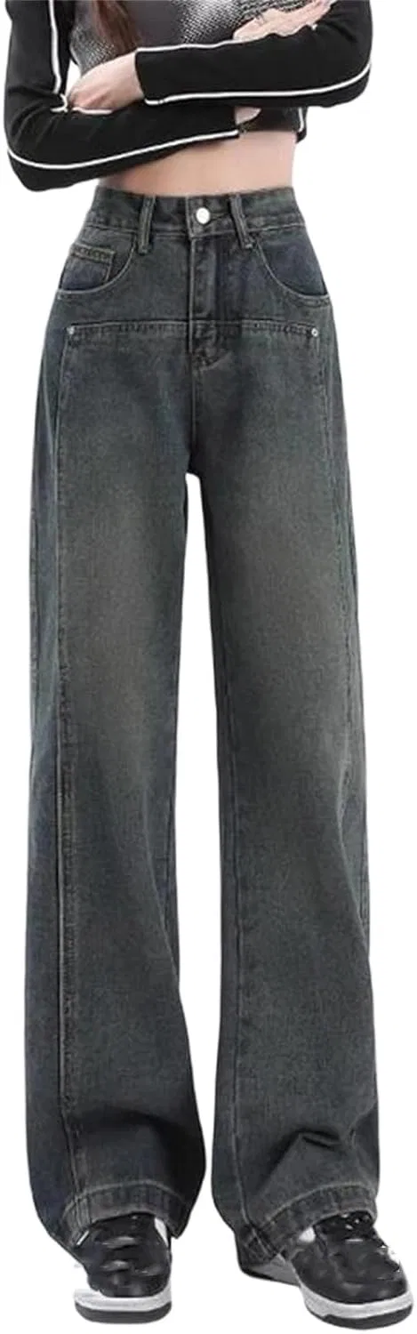 Джинсы прямые свободные Women High Waist Wide Leg Jeans, серый