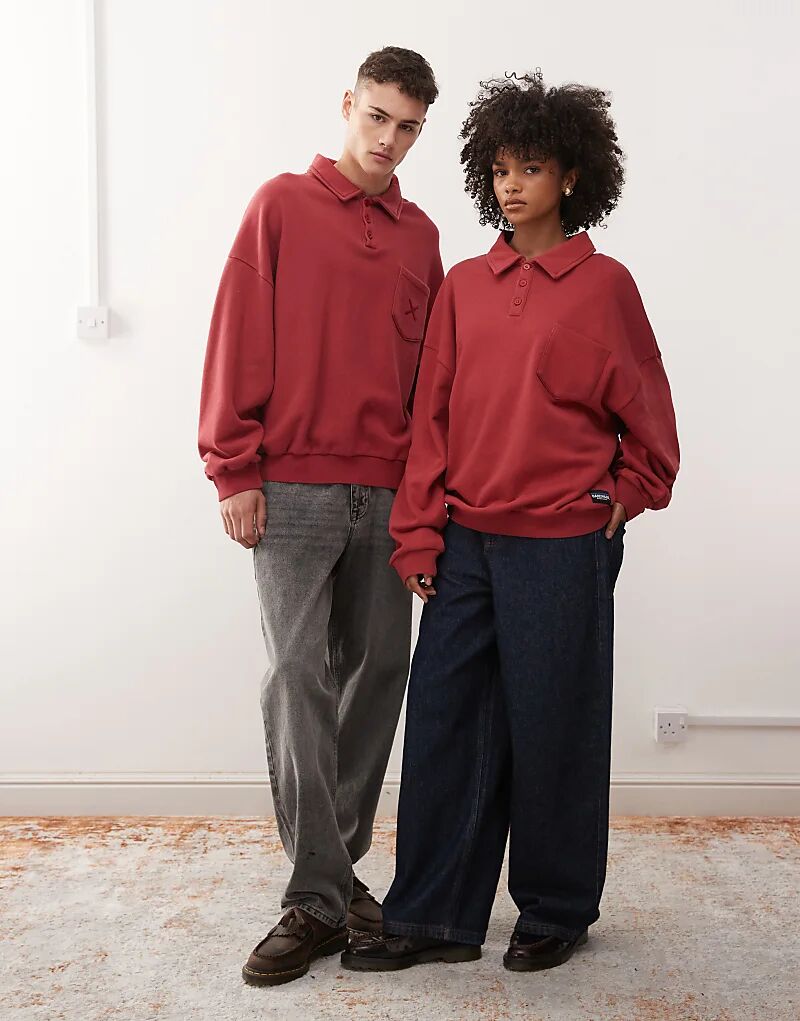 

COLLUSION Унисекс свободная толстовка-поло красного цвета с эффектом стирки