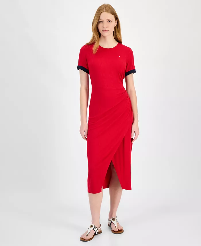 

Женское ребристое платье миди с запахом Tommy Hilfiger, красный