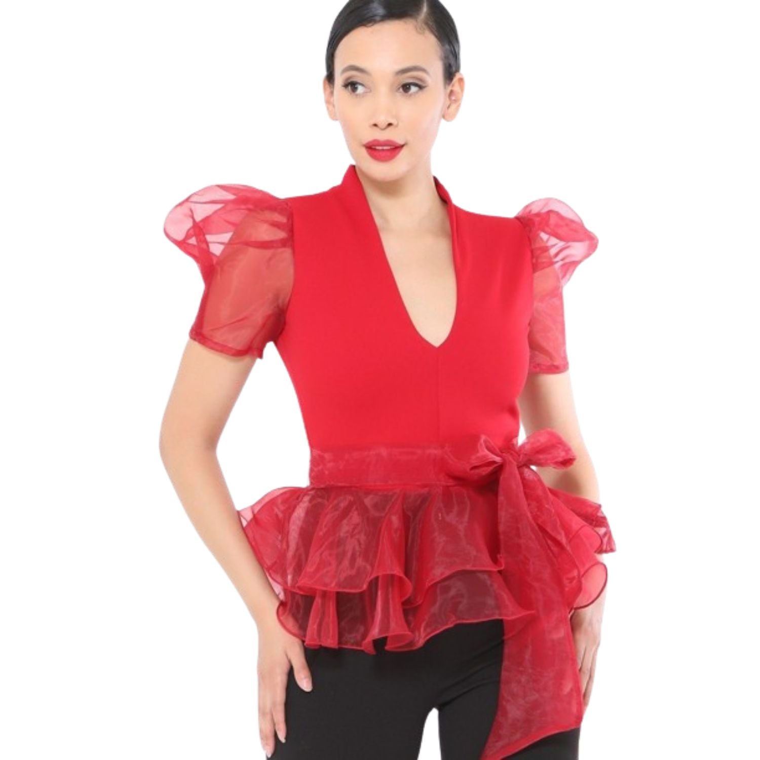 

Модный топ с короткими рукавами и буфами из органзы FASHNZFAB, красный