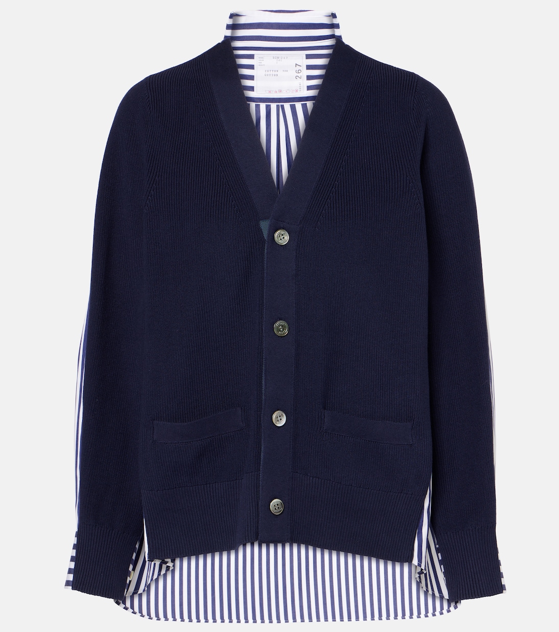 

Полосатый кардиган из хлопка с отделкой из поплина Sacai, Navy x Navy Stripe
