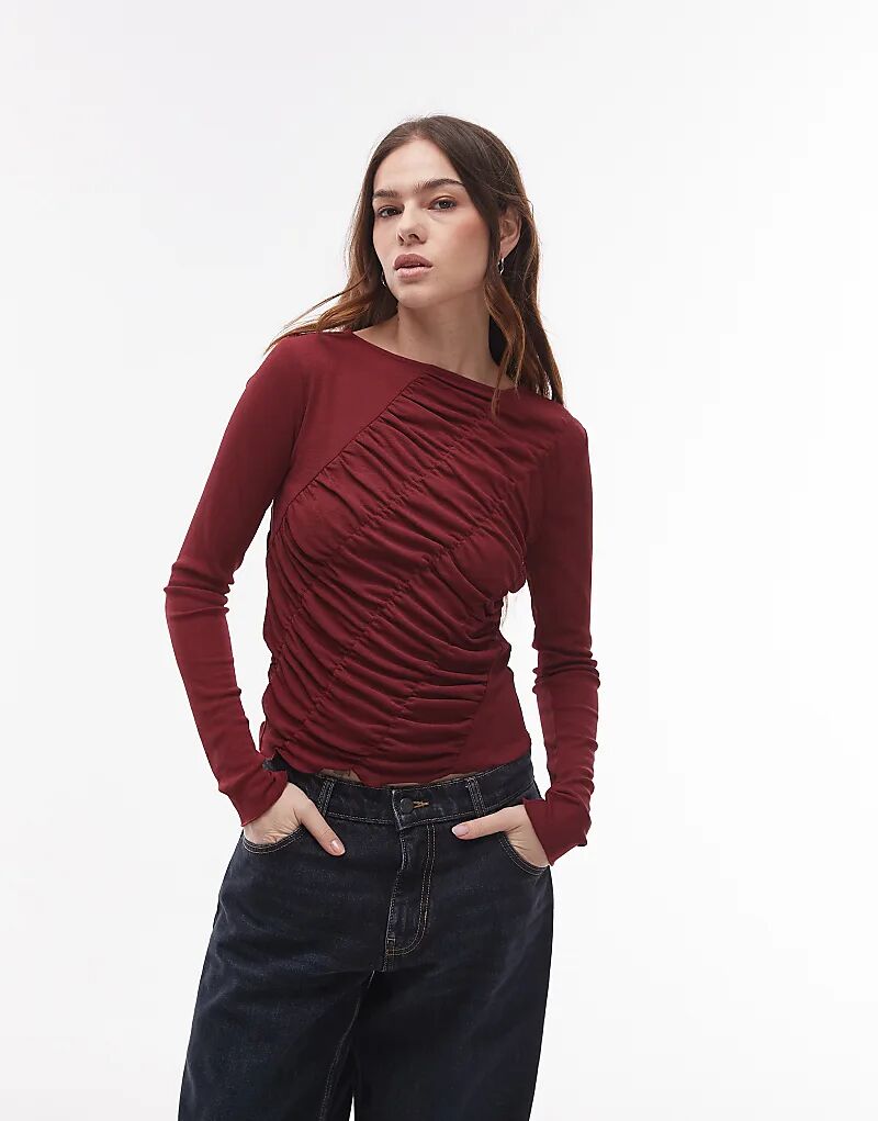 

Топ с длинными рукавами и сборками бордового цвета Topshop