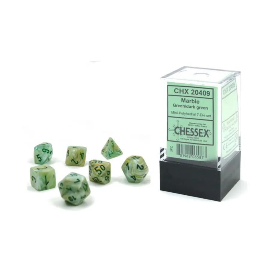 

Набор Mini Poly — мраморно-зеленый с темно-зеленым (7), Dice - Miniature 10mm & 5mm (Chessex)