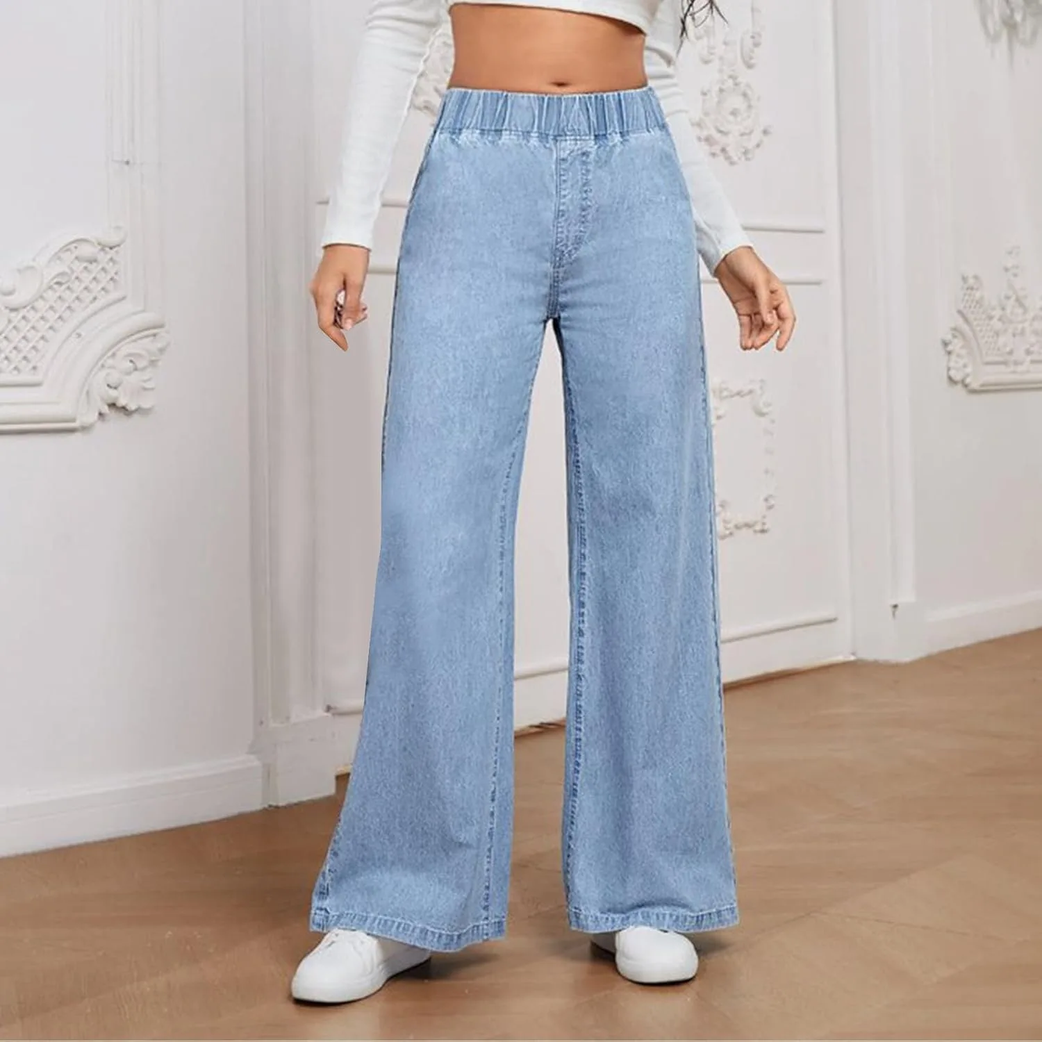 Женские джинсы wide leg с высокой талией и эластичным поясом — фото 2