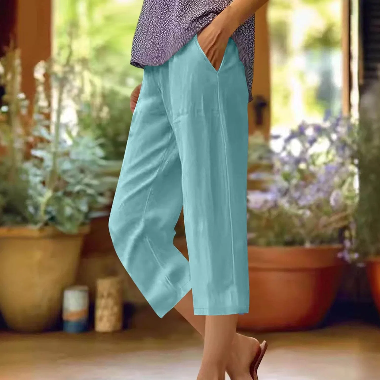 Льняные брюки Women 2026 Wide Leg Capri с карманами, летние, с эластичным поясом, модные укороченные Generic, светло-голубой — фото 3