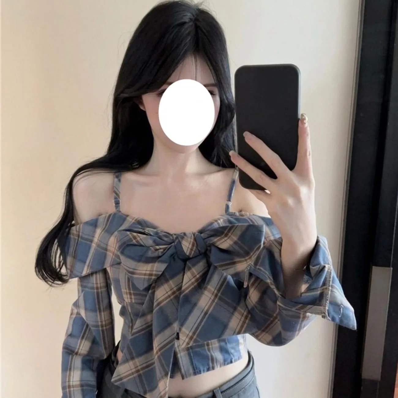 Блуза с запахом, клетчатая, женская, French Girly, синяя — фото 4