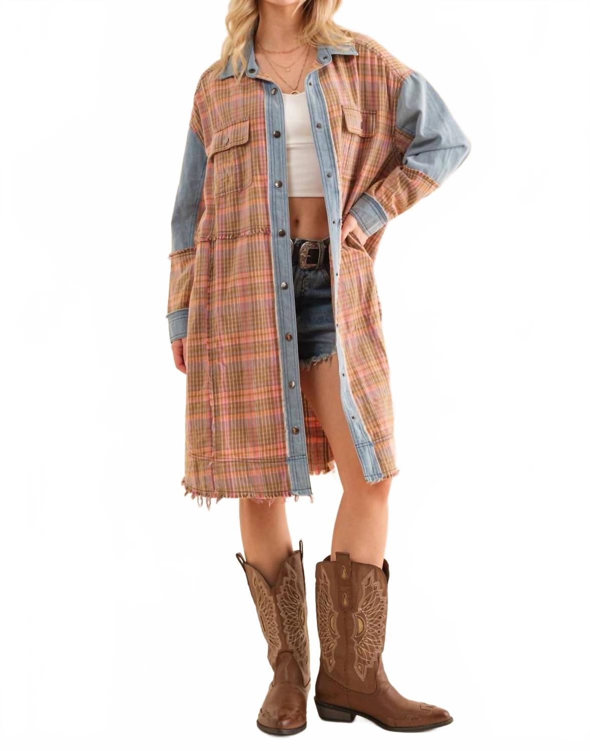 

Blue B Рубашка-куртка в клетку из денима на кнопках, оранжевого цвета