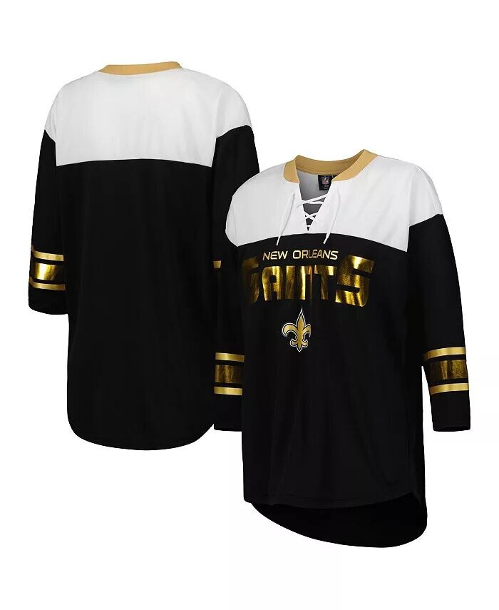 

Женская черно-белая футболка New Orleans Saints Double Team с рукавами 3/4 на шнуровке G-Iii 4Her By Carl Banks