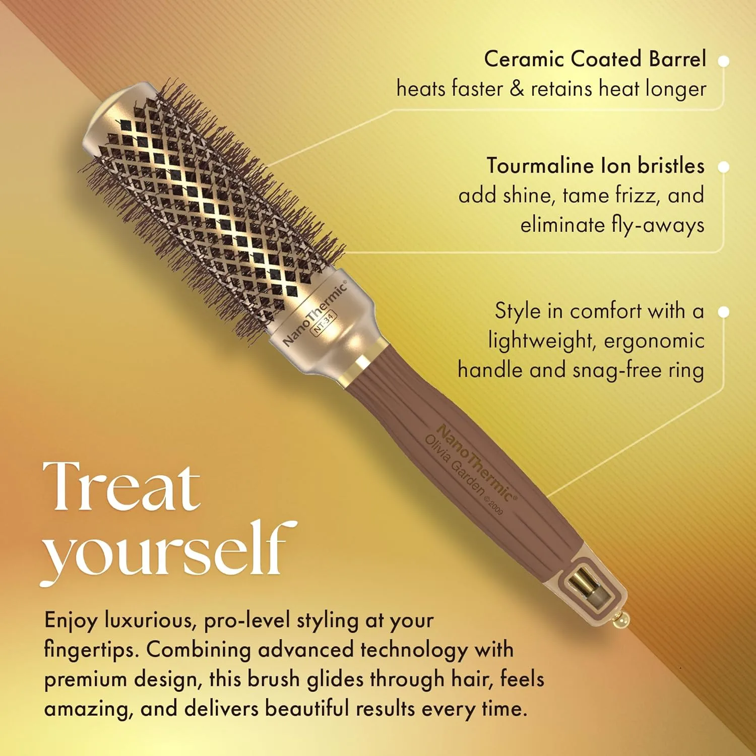 Термощетка для укладки волос Olivia Garden NanoThermic Ceramic + Ion Round Thermal Hair Brush - не электрическая - профессиональная щетка для нормальных и густых волос. 3,2 см, Gold / Chocolate — фото 3