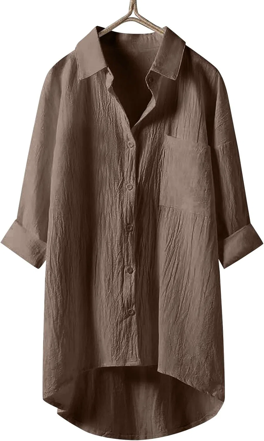 Блуза из хлопка и льна, свободная, с V-образным вырезом, длинным рукавом, Khaki — фото 3