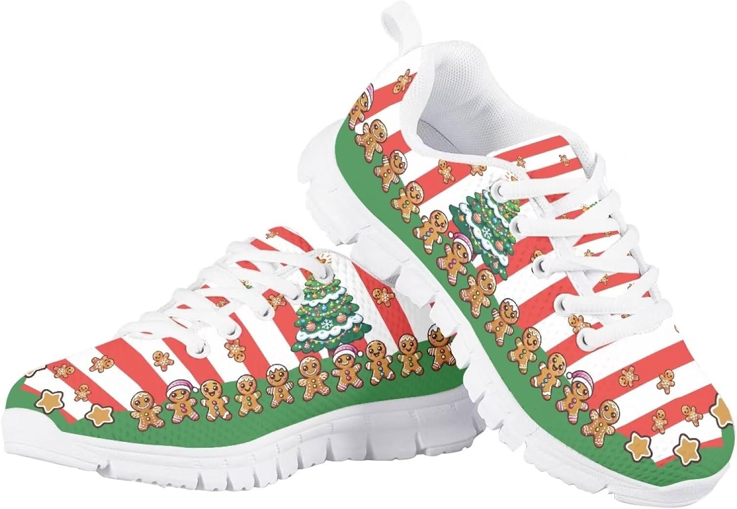 

Детские кроссовки на шнуровке для девочек на Рождество, легкие беговые кроссовки, дышащие, модные спортивные кроссовки для маленьких детей размер 11-13 / для больших детей размер 1-5 Quxjehoe, Striped Christmas Gingerbread Men