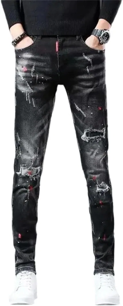 Джинсы с потертостями, Men's High Street Ripped Jeans Cowboy Paint Splash Ink Pants, Black