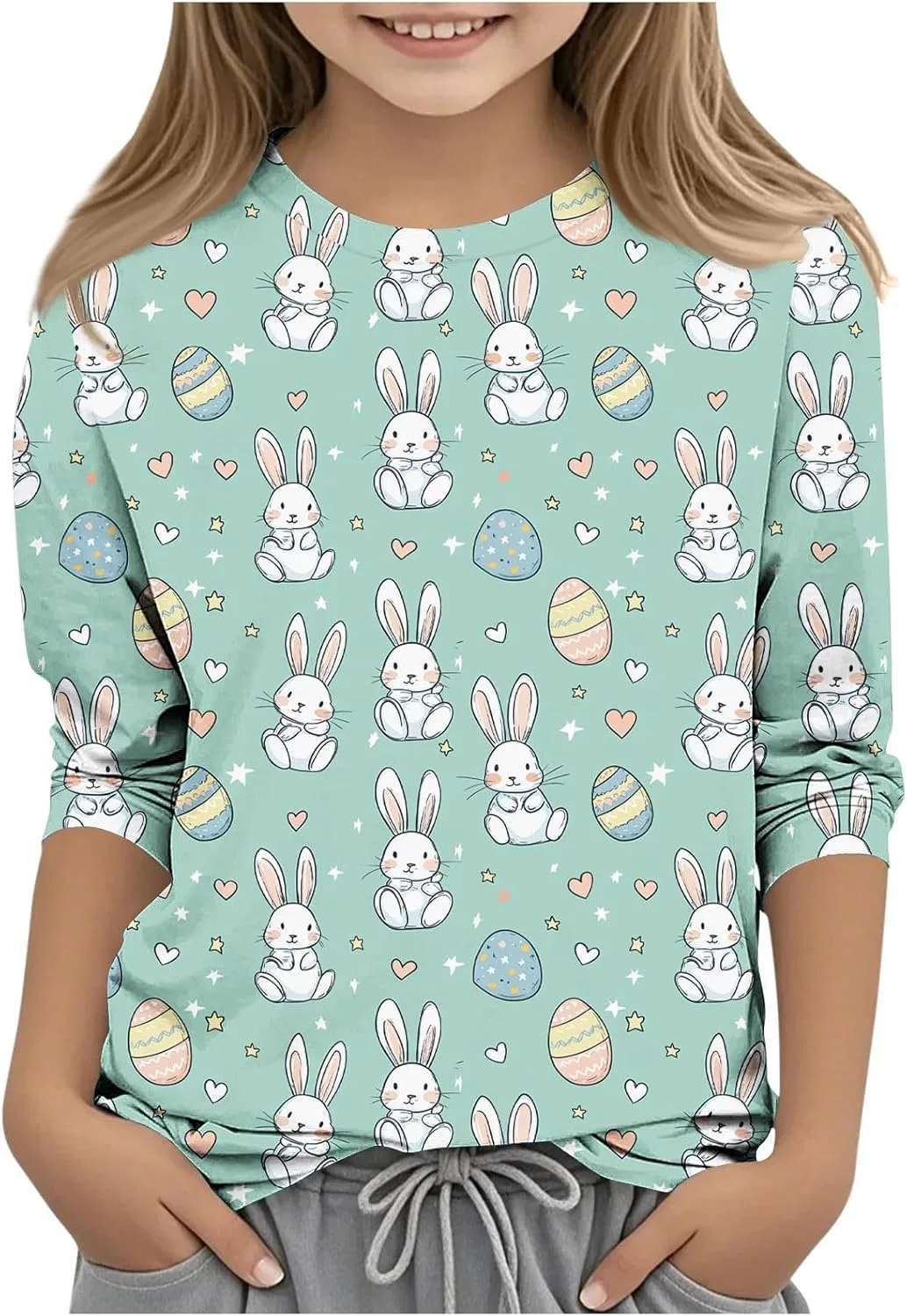 Футболка с длинным рукавом 3/4 с принтом кроликов и яиц, Zzalalana, Multicolor2