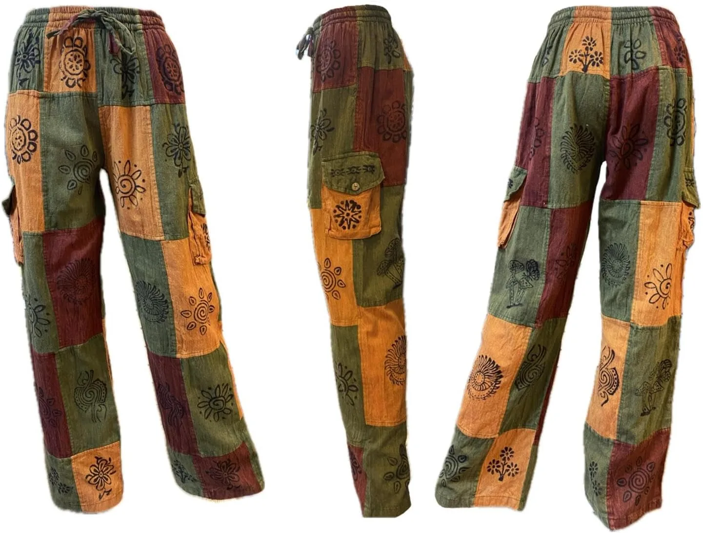 Karma Handicrafts, лоскутные брюки в стиле хиппи из хлопка для фестивалей, бохо-брюки для йоги, широкие брюки в стиле милитари, Непал, S23 Generic, зеленый — фото 3