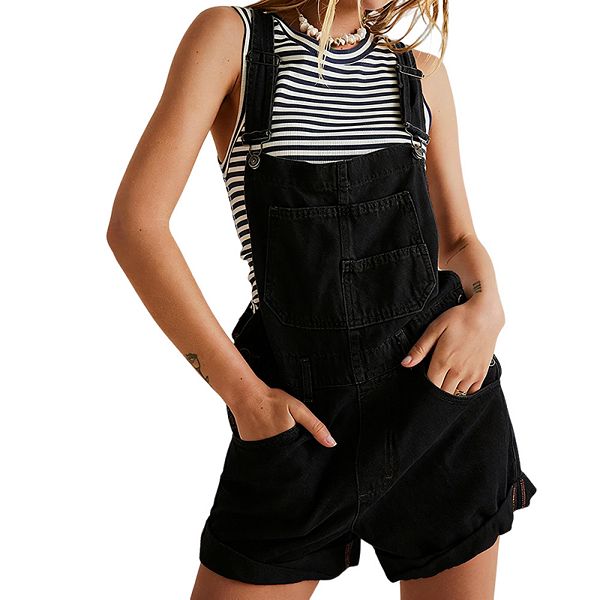 

Женский летний свободный джинсовый комбинезон-шорты с множеством карманов и перекрестной спинкой, модный повседневный, на бретелях. Joyjoy, Black