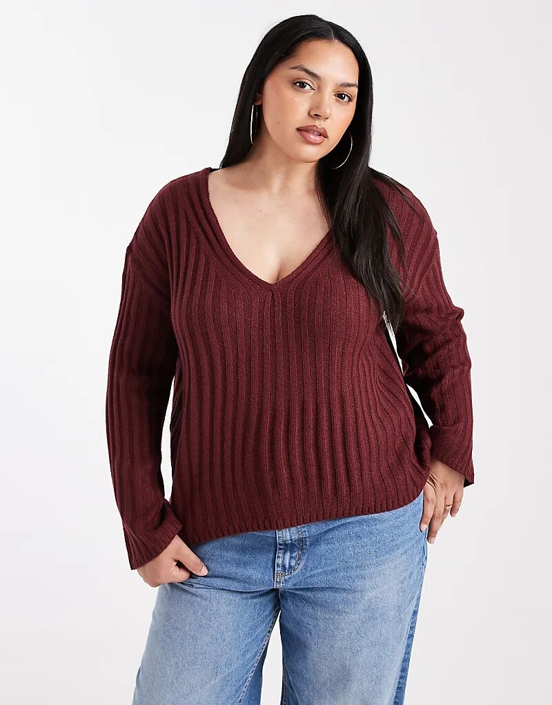 

Джемпер Brave Soul Plus с глубоким V-образным вырезом в рубчик, цвет «винный»
