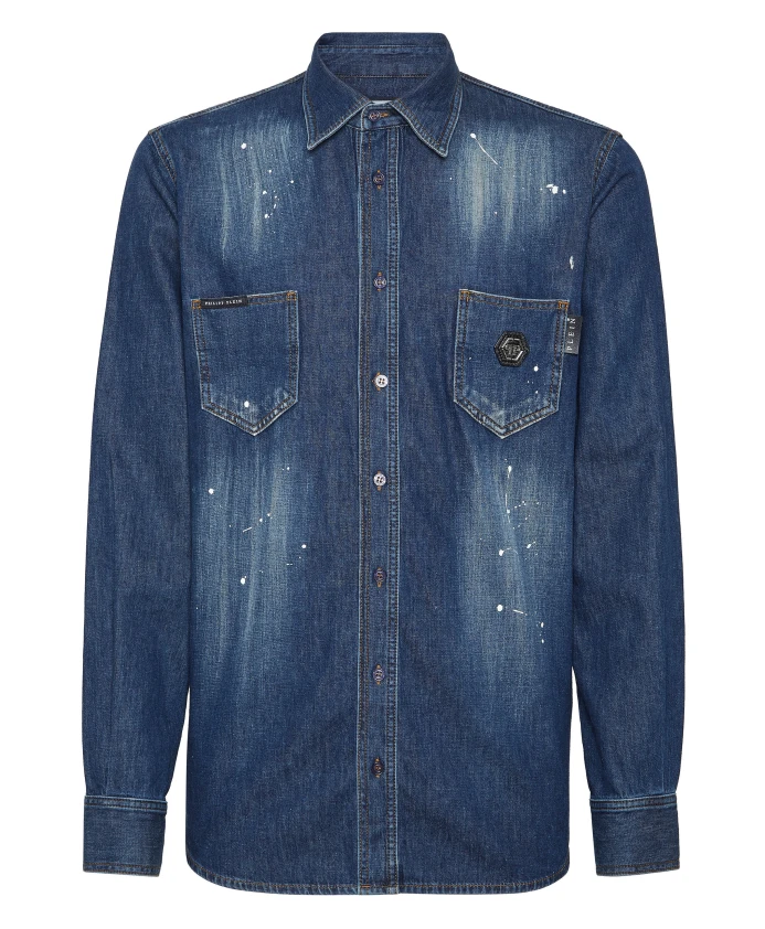 

Джинсовая рубашка с длинными рукавами, с изображением черепа и костей. Philipp Plein, синий