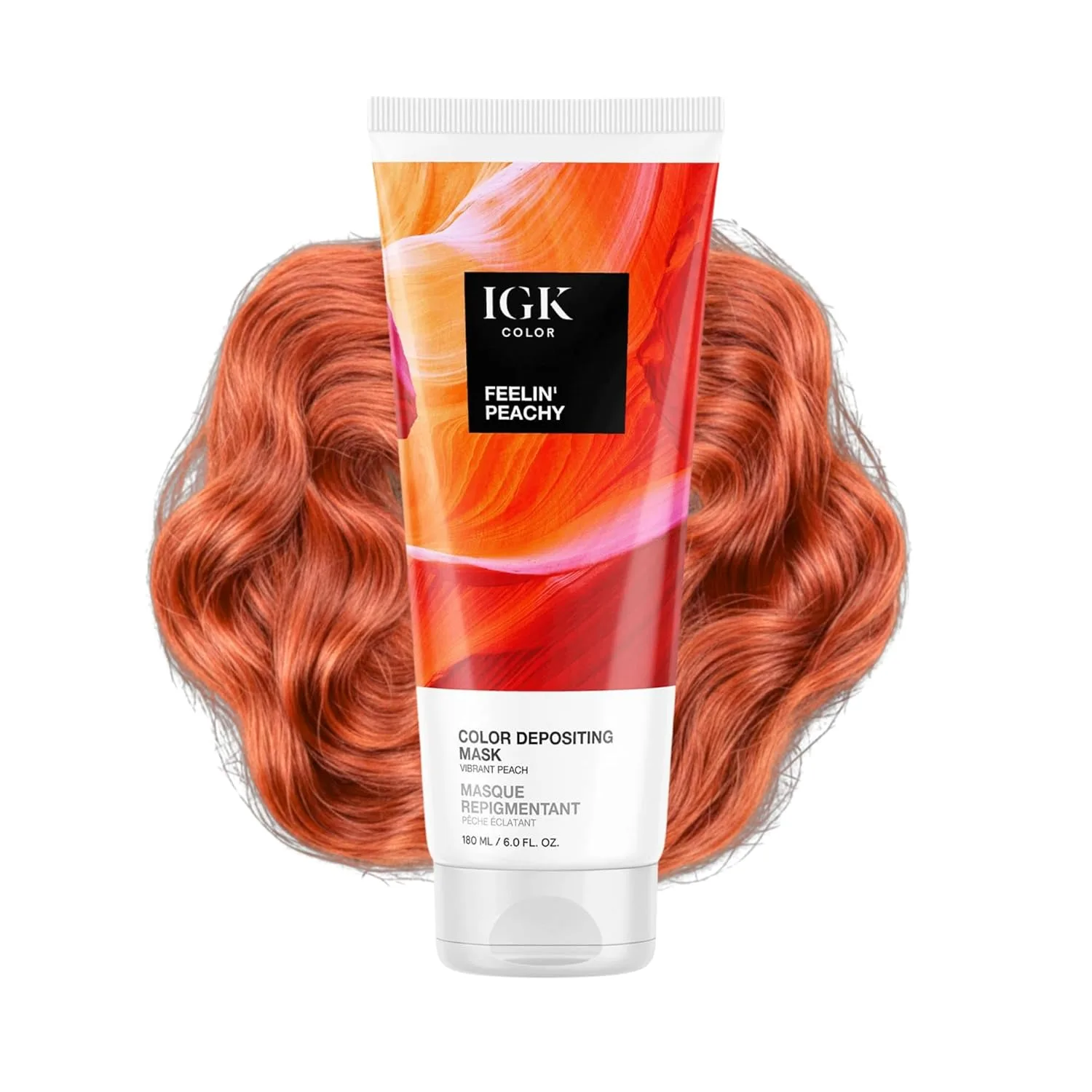 Цветная маска для волос IGK FEELIN' PEACHY - Яркий персиковый оттенок | Кондиционирование + Увлажнение + Блеск | Веганский продукт + Не тестируется на животных | 170 г, Feelin' Peachy (Vibrant Peach)