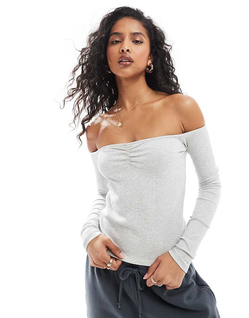 

Cotton:On Серый топ с открытыми плечами и длинными рукавами On Rosa