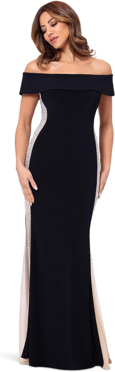 

Платье XSCAPE Off The Shoulder Ity Caviar Bead Long, цвет Blknudslvr