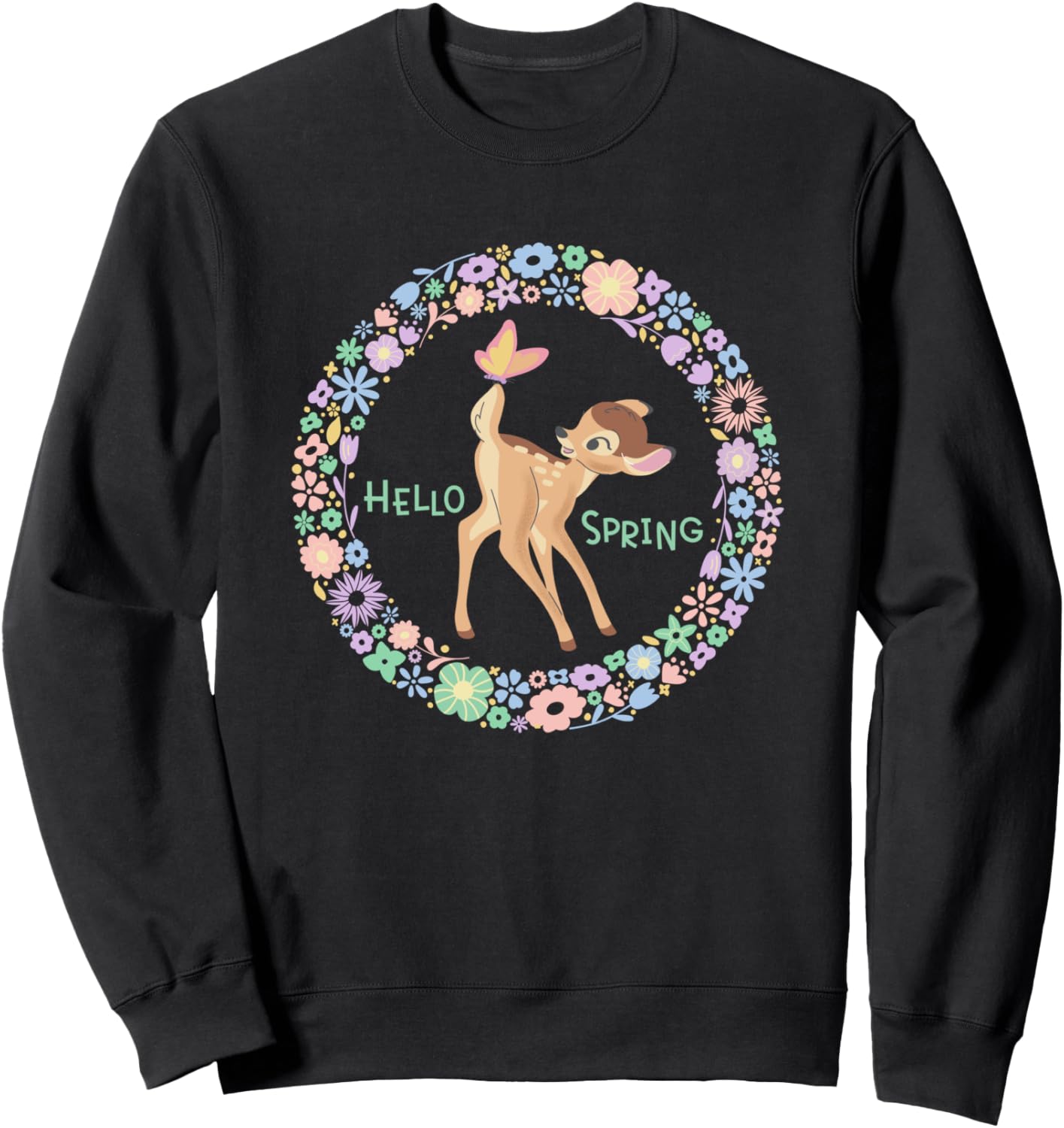 

Толстовка Disney Bambi Hello Spring с цветочным принтом, черная, Черный, Толстовка Disney Bambi Hello Spring с цветочным принтом, черная
