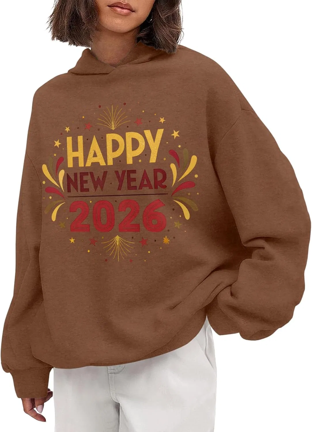 Женский худи с принтом Happy New Year 2026, оверсайз, коричневый