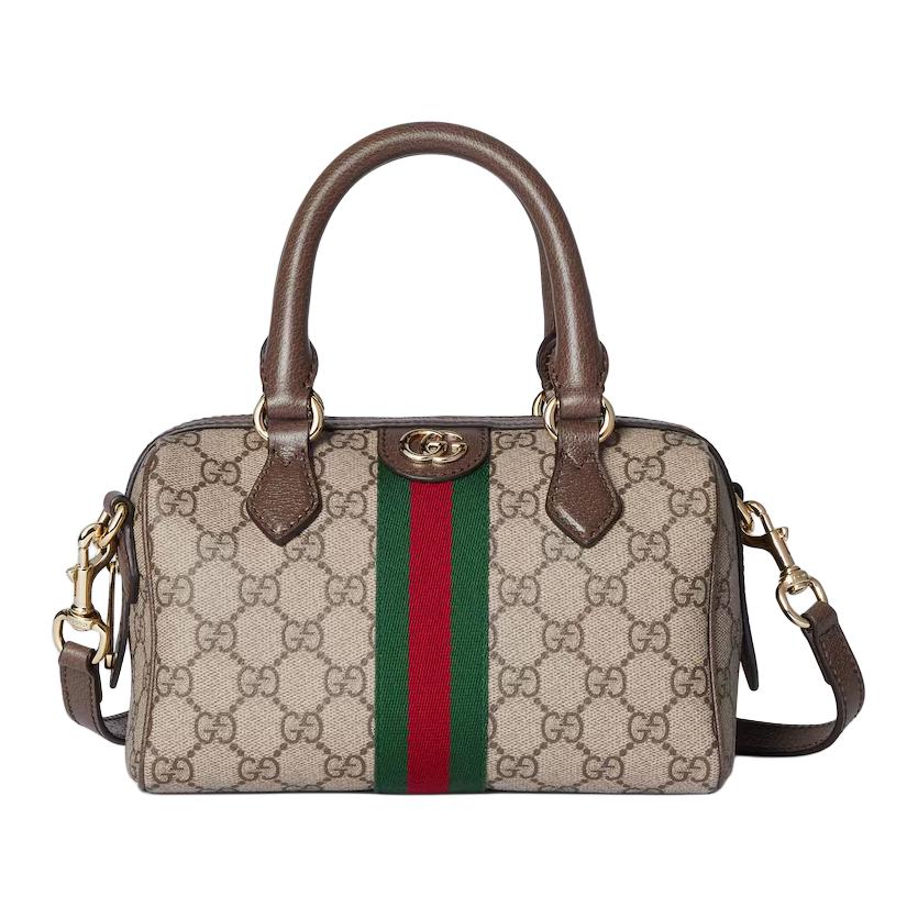 

Gucci Сумка-бостон Ophidia из канваса с кожаной отделкой, на одно плечо, маленькая, женская, бежево-коричневая
