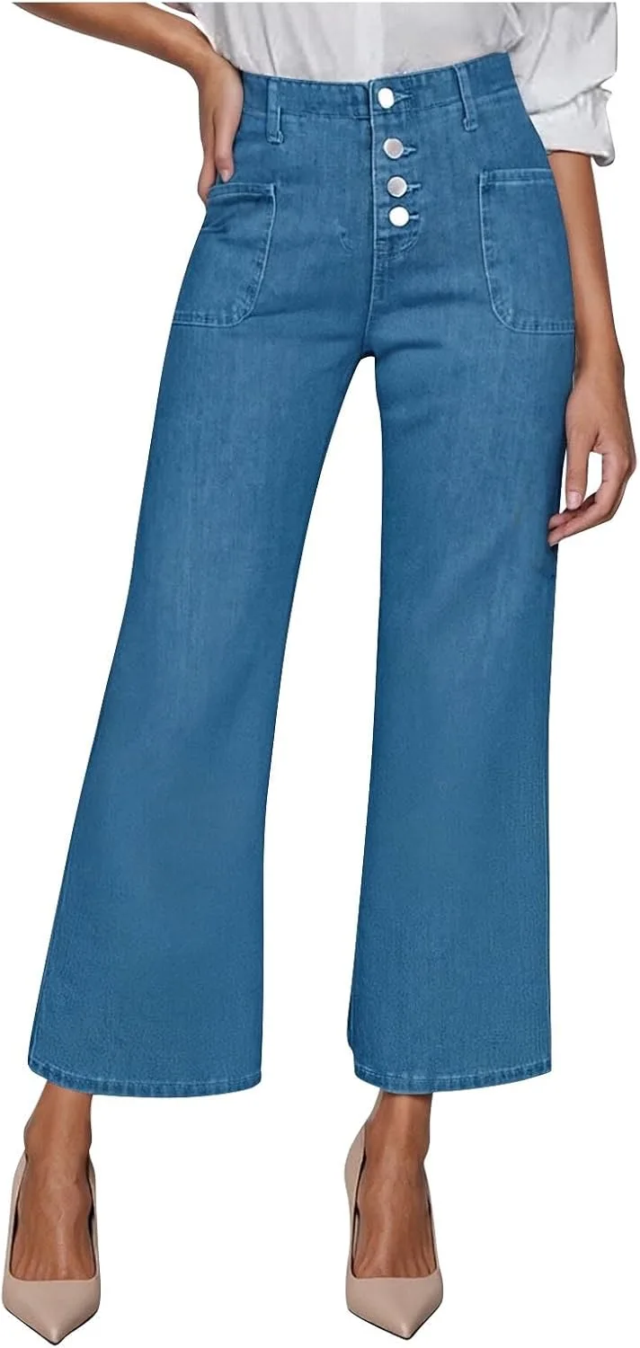 

Джинсовые укороченные брюки для женщин с широкими штанинами и высокой талией