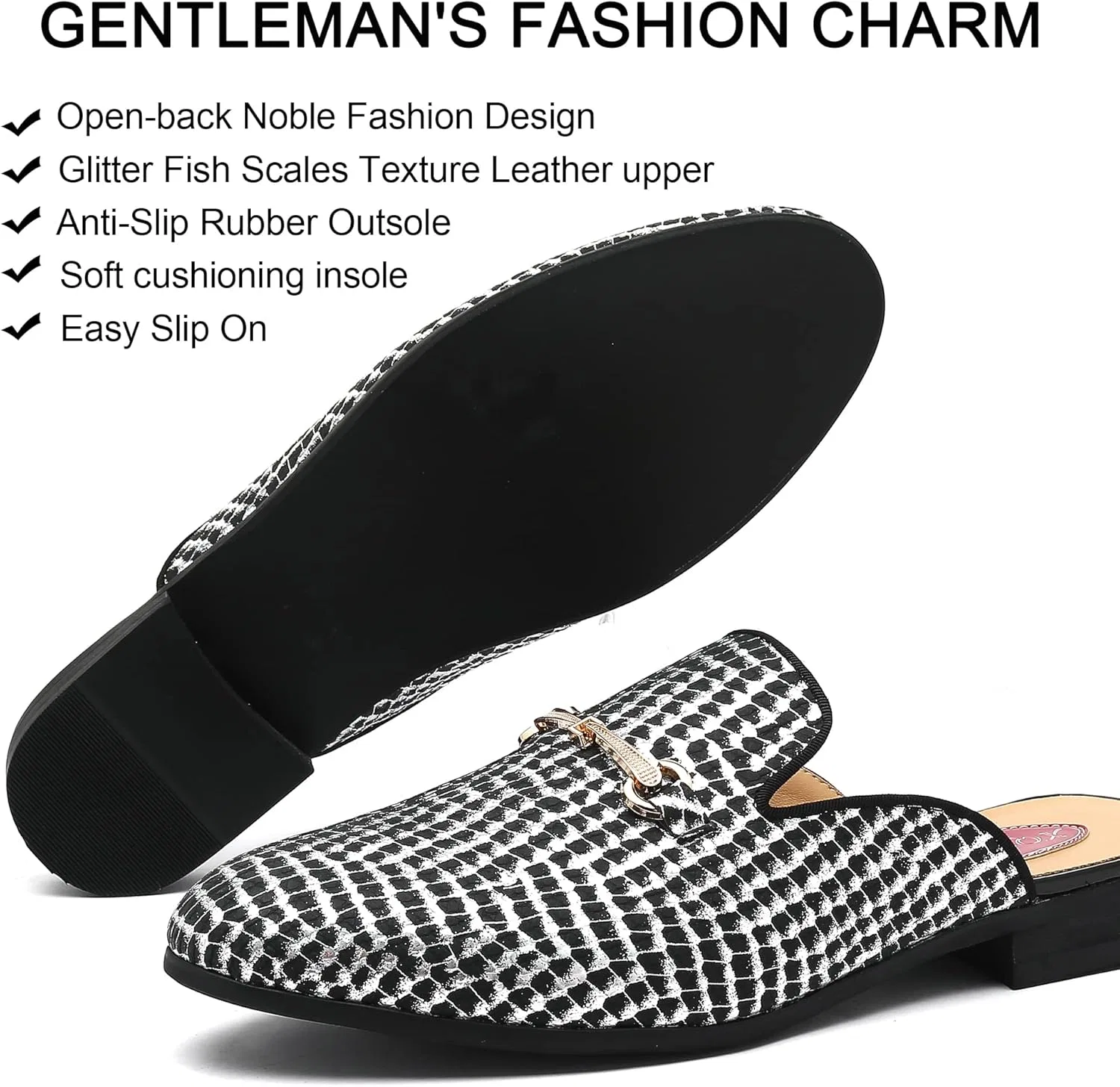 Мужские мюли с золотой пряжкой, из кожи, Loafers & Slip-Ons, черный с блестками XQWFH — фото 3