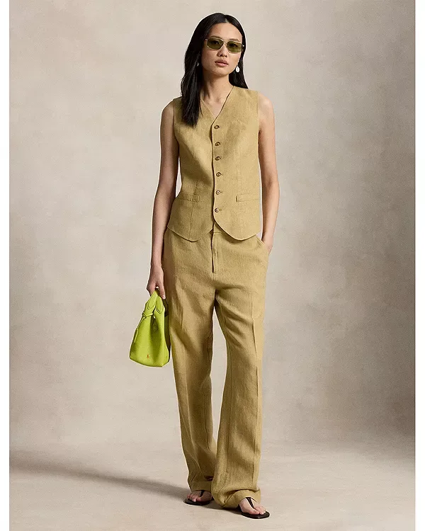 Жилет с пуговицами и отделкой из ткани деляве Ralph Lauren, Camel — фото 2