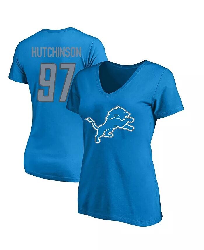 

Женская футболка Aidan Hutchinson Blue Detroit Lions размера Plus с именем игрока и номером и V-образным вырезом Fanatics