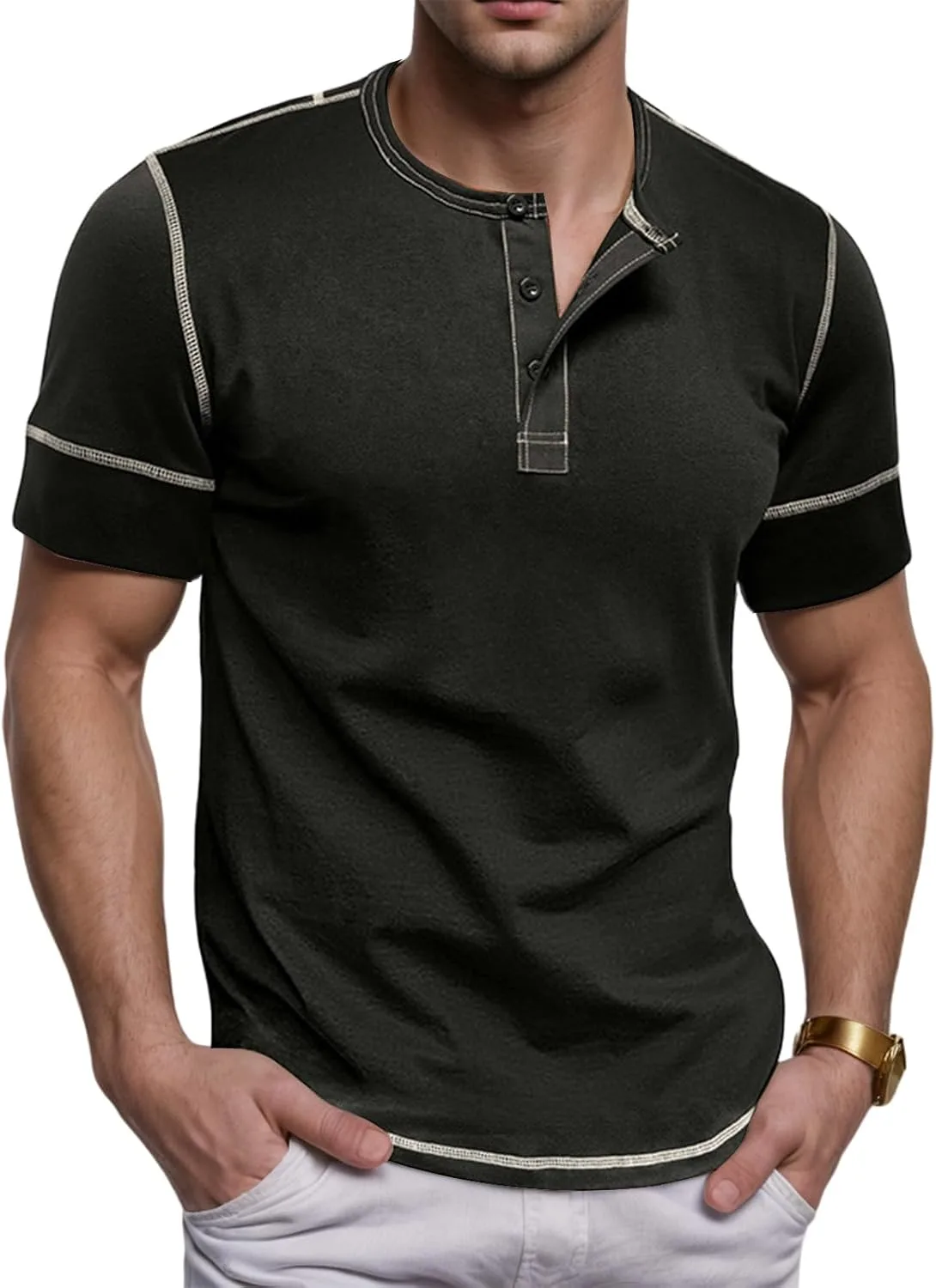 

Мужская футболка Muscle Henley с коротким рукавом и пэчворком Thatrich
