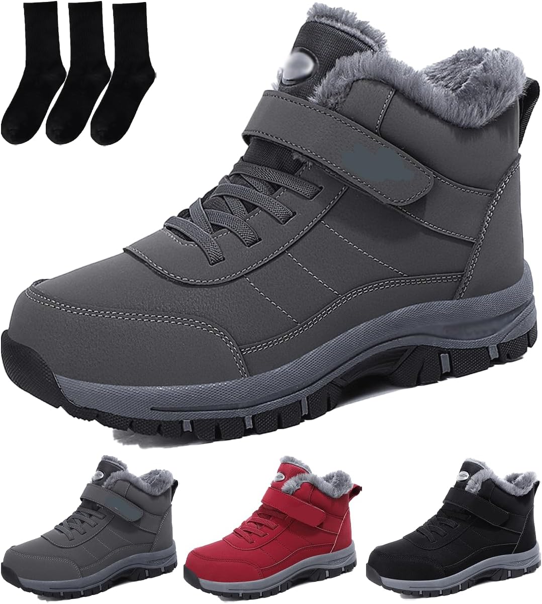 

Теплые зимние ботинки с меховой подкладкой для мужчин и женщин, теплые и водонепроницаемые зимние ботильоны, прочные, удобные и нескользящие Generic, серый