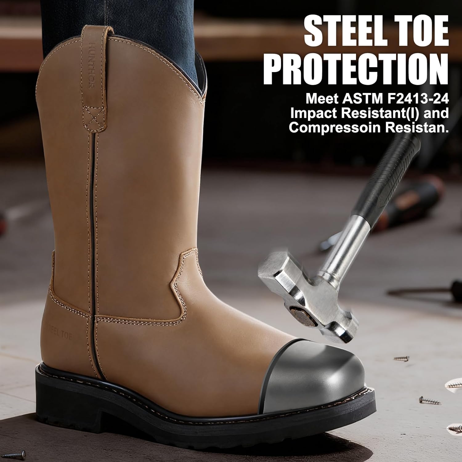 Мужские ботинки hunthor steel toe с защитой от проколов, светло-коричневый — фото 2