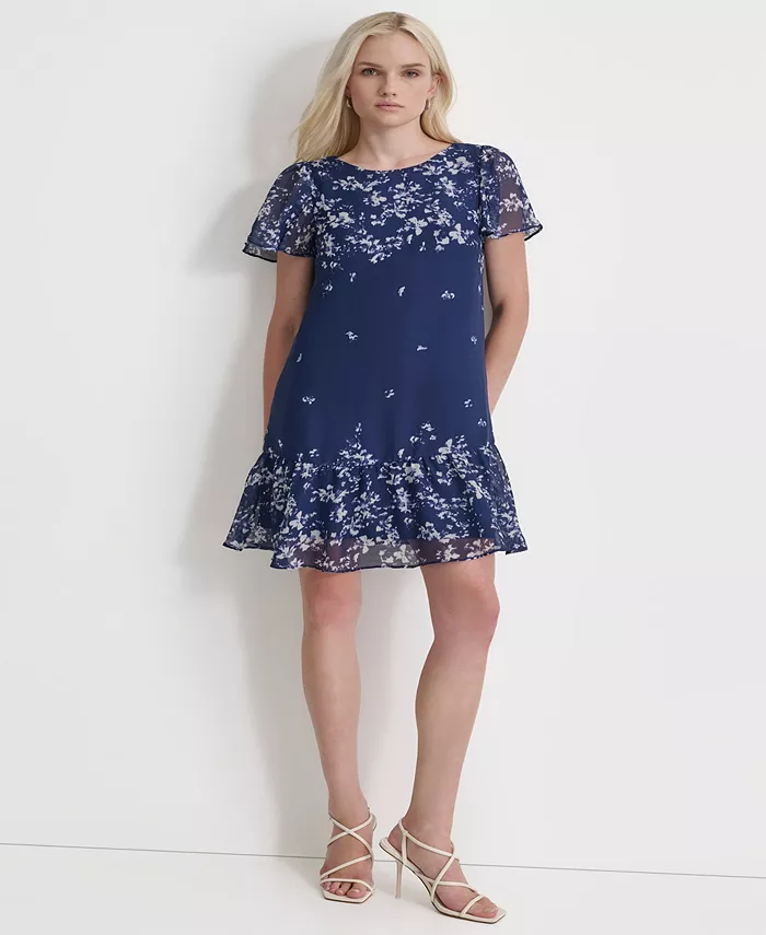 

Женское мини-платье с принтом и расклешенными рукавами DKNY, синий