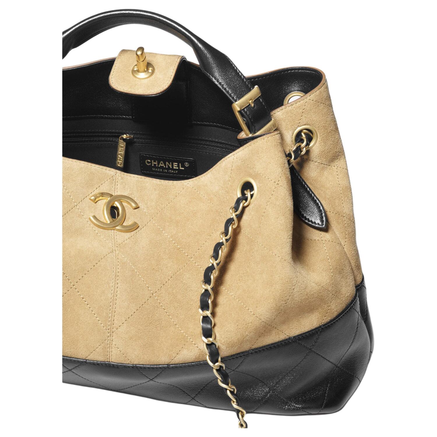 CHANEL Бежево-черная замшевая сумка-шоппер с золотой фурнитурой — фото 4