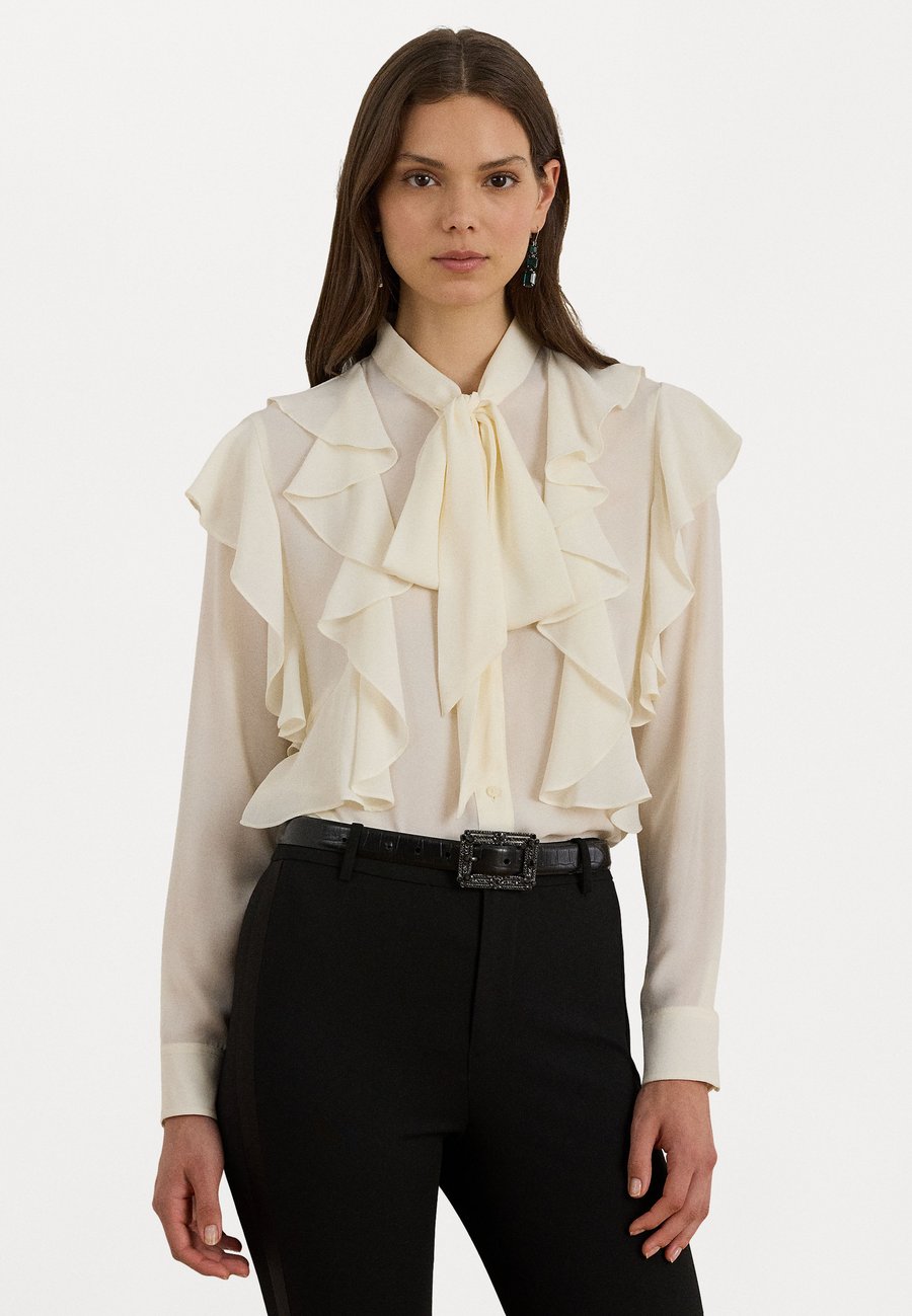 

Блуза Lauren Ralph Lauren RUFFLE TRIM GEORGETTE TIE NECK BLOUSE, Mascarpone Cream/Off-White