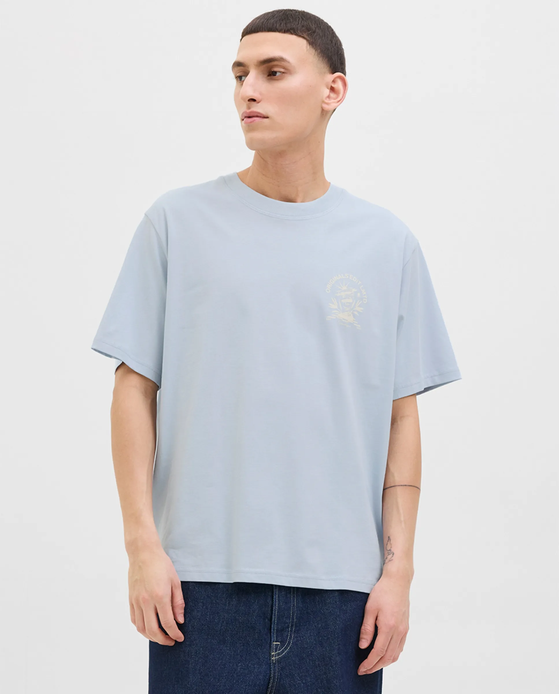 

Мужская футболка с коротким рукавом с боковым и задним принтом Jack & Jones, светло-голубой