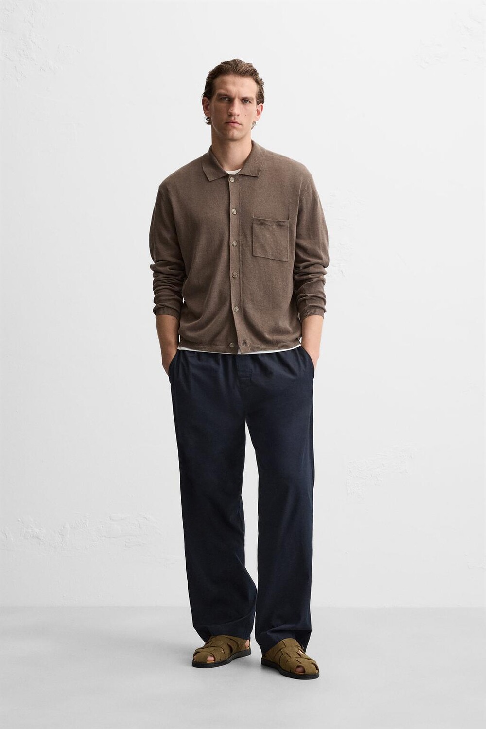 

Кардиган из хлопка и льна ZARA, коричневый/серо-коричневый