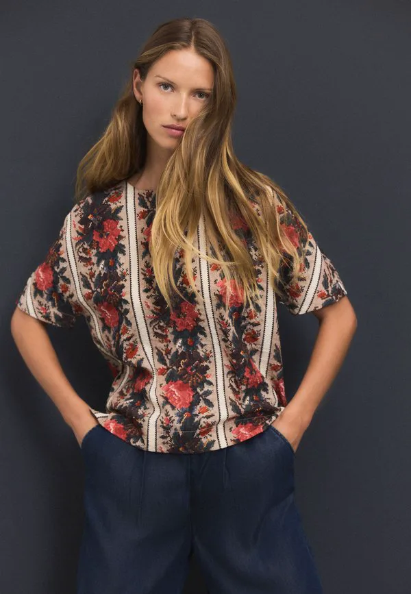 Блузка прямого кроя с текстурированной поверхностью Next, Red Multi Floral Tapestry Stripe — фото 2