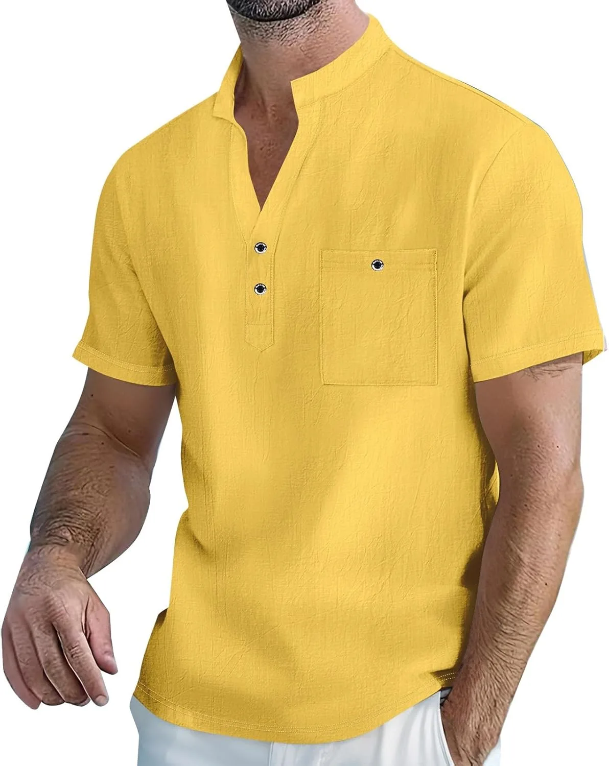 

Мужская льняная рубашка с коротким рукавом и карманом HJINGSUN