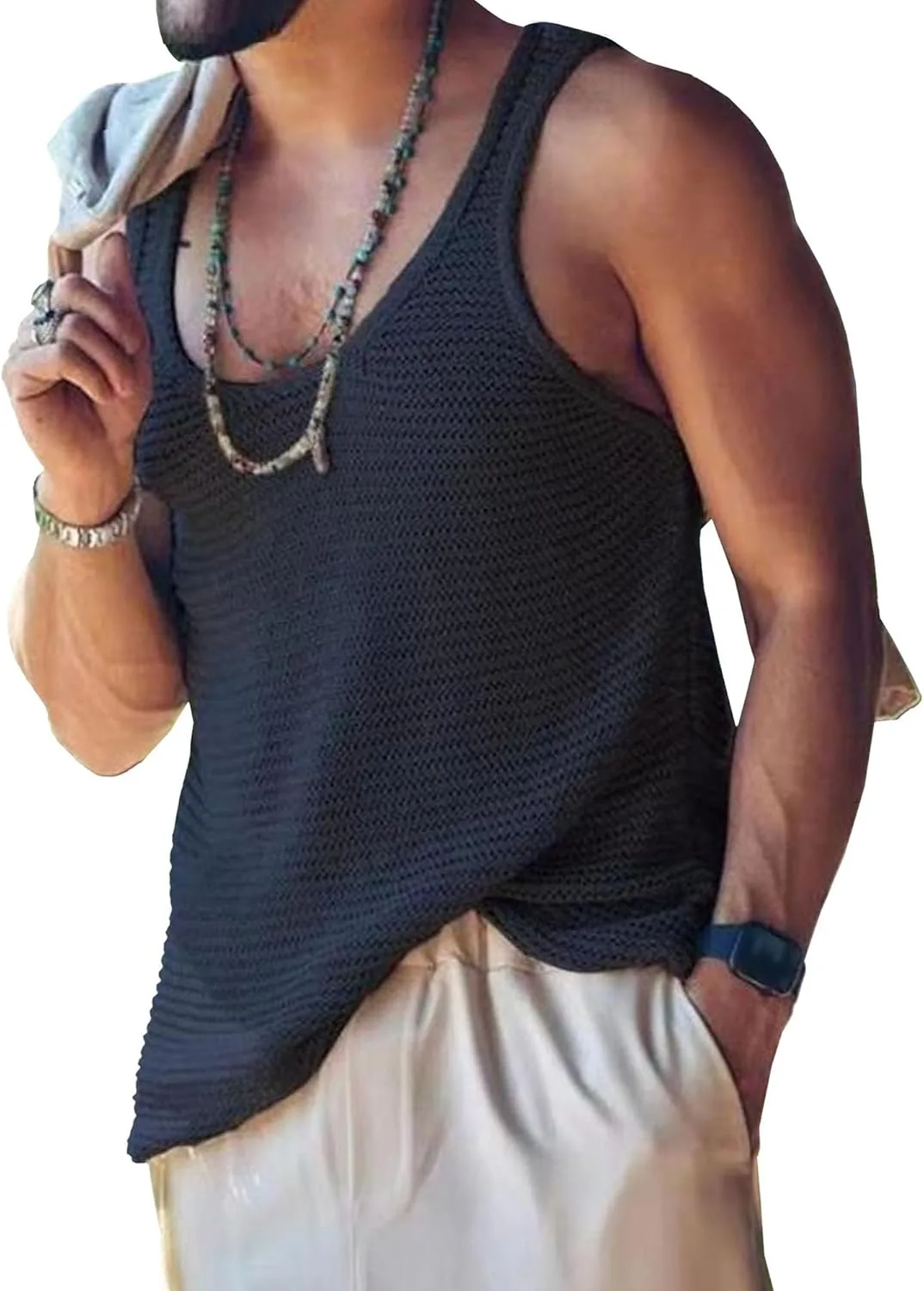 

Мужская майка-безрукавка knitted crochet see through hollow out VgueElegc