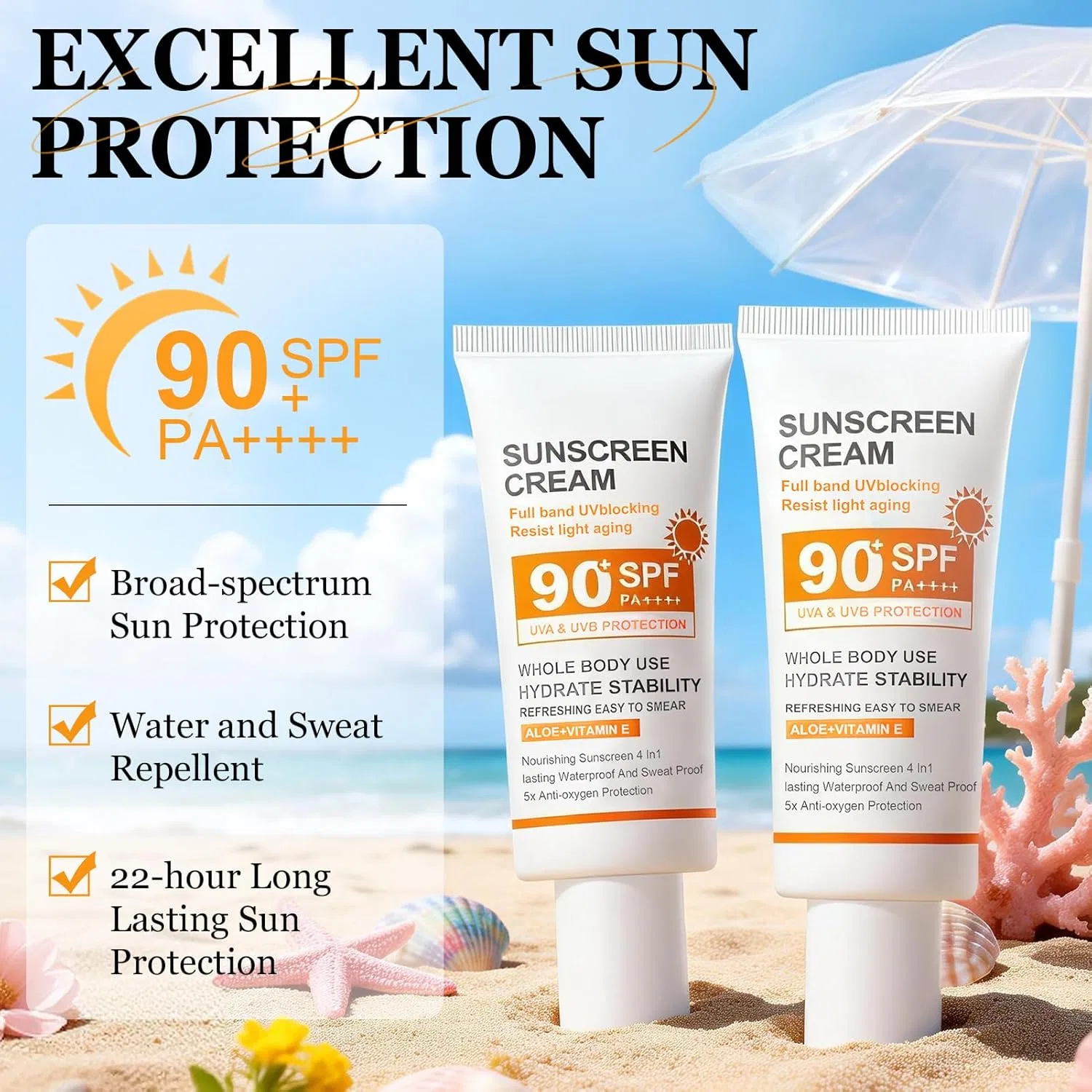 Солнцезащитный крем для лица SPF 90, водостойкий (2 шт.) Shoppgo — фото 2