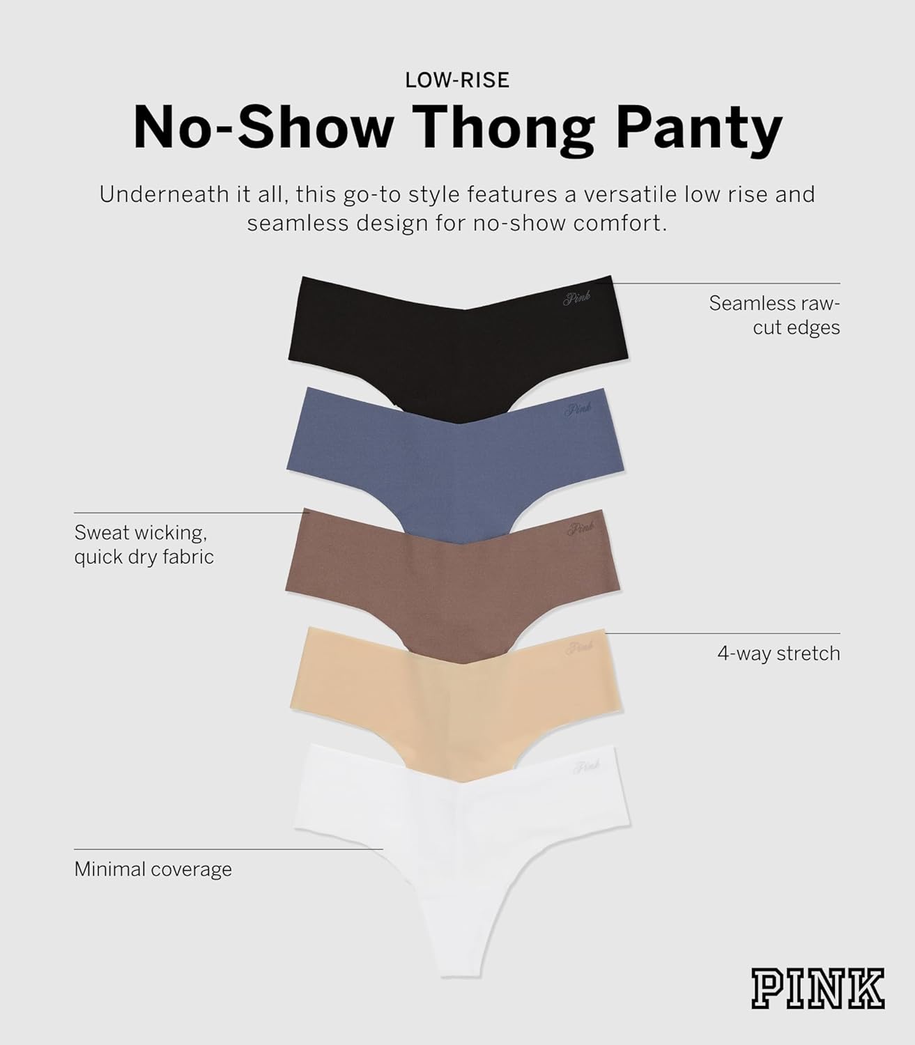 Комплект трусов Victoria's Secret PINK Women's No Show Thong Underwear, 5 предметов, мультиколор — фото 3