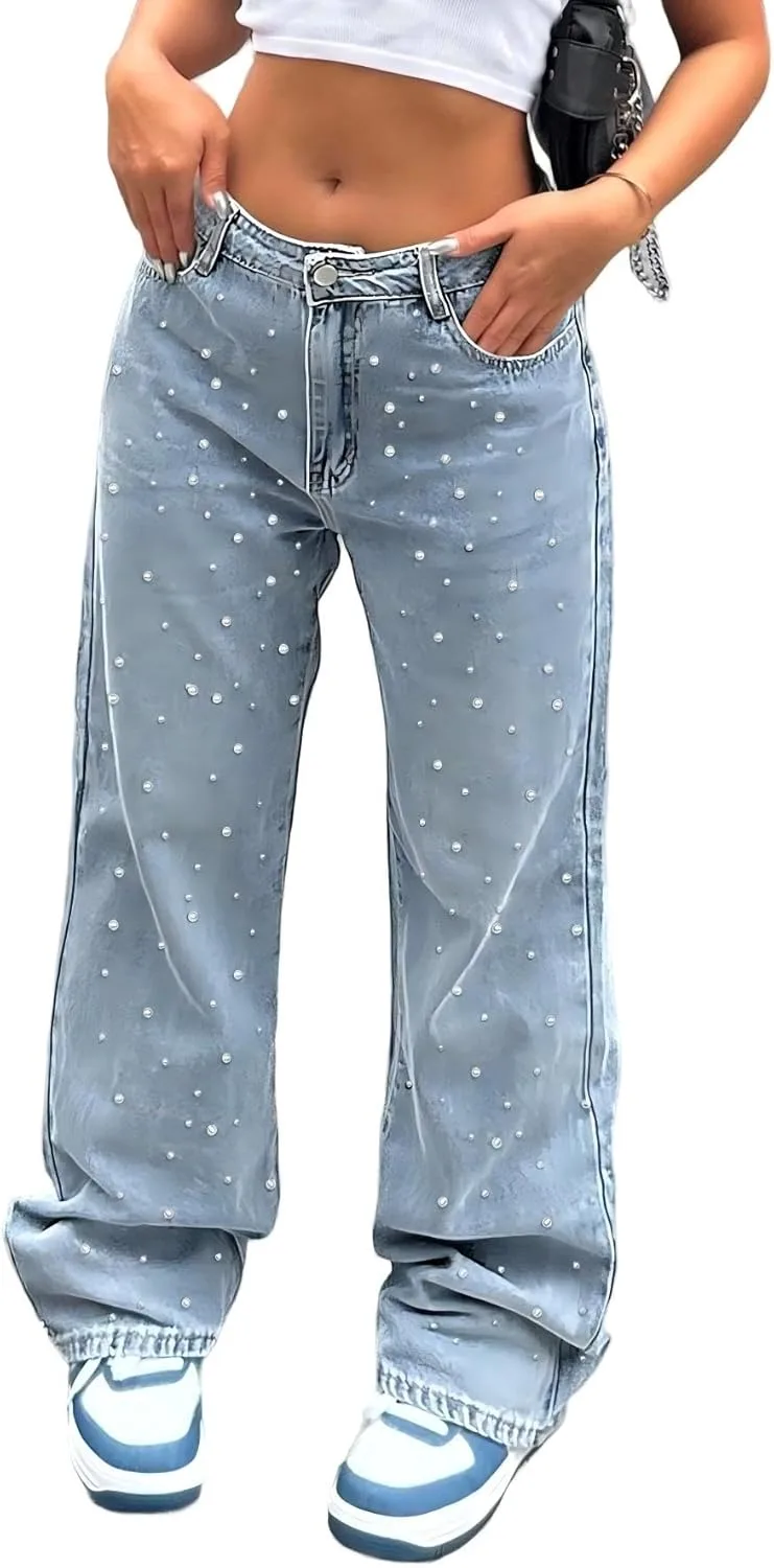 

Женские джинсы с пайетками High Waisted Boyfriend Baggy Wide Straight Leg WGXWGX