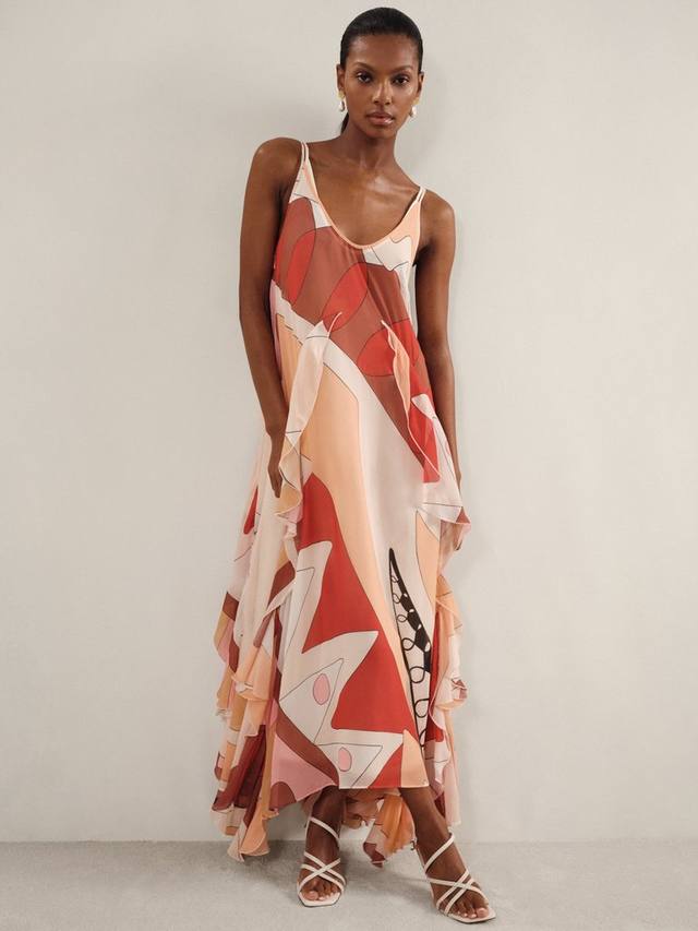 

Платье макси Sasha Abstract с рюшами и подъюбником Reiss, Cream/Red