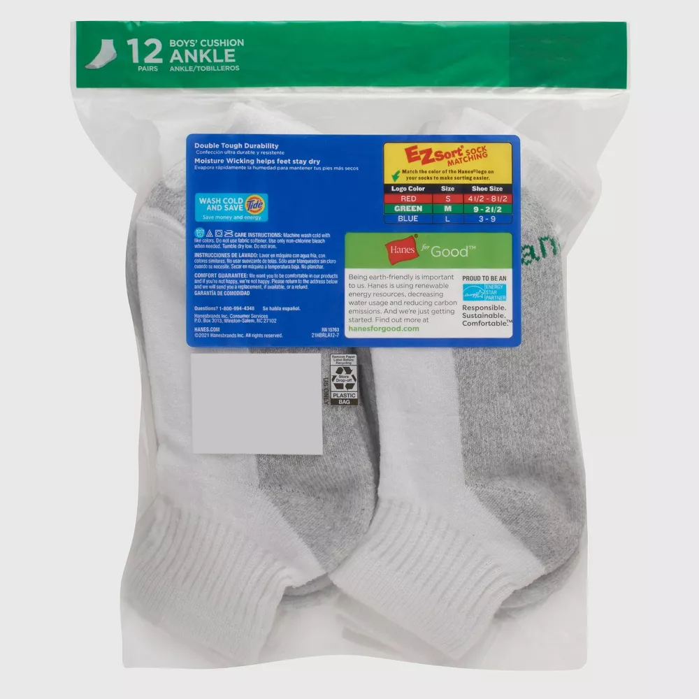 Носки Hanes Boys' 12pk с мягкой подошвой для занятий спортом, цвет White — фото 3